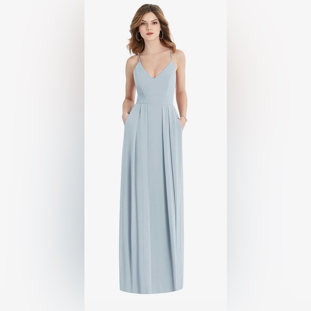 Dessy After Six Pleated Skirt Crepe Maxi Dress with Pockets in Cloudy Size 6